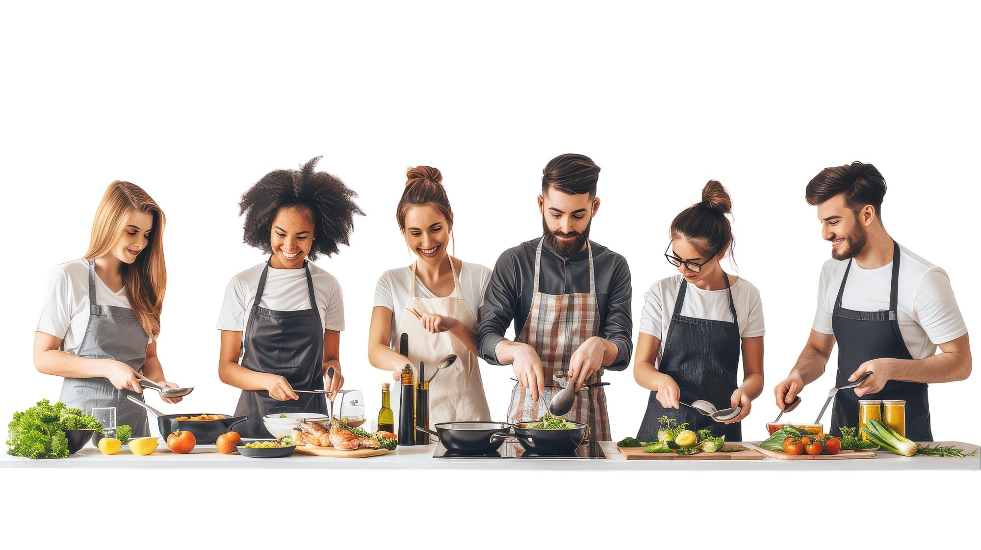 Students cooking together around a large table